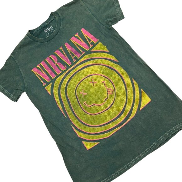 Nirvana Adult Size S Green Wash Pink Happy Face Graphic Print Tee T-Shirt ~ NWOT - Picture 2 of 4